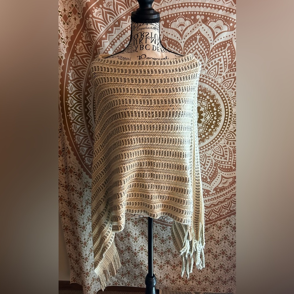 Lildy Cream Ivory Open Knit Pull Over Shawl Poncho with Fringe - One Size